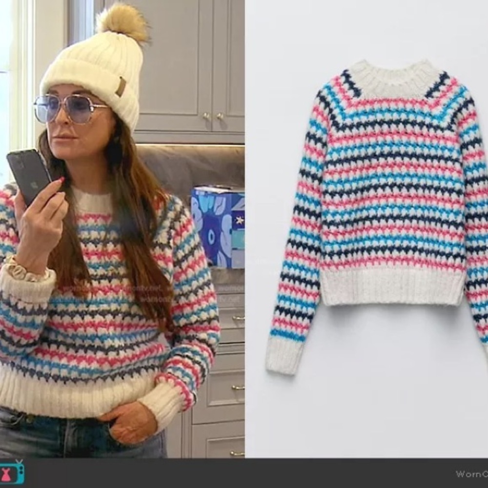 NWT Zara Chunky Rainbow Striped Cropped Knit Sweater RHOBH Blogger Fave! XL